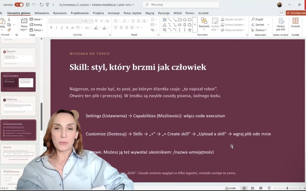 Slajd ze szkolenia: jak ustawić styl, w którym AI pisze Twoim głosem