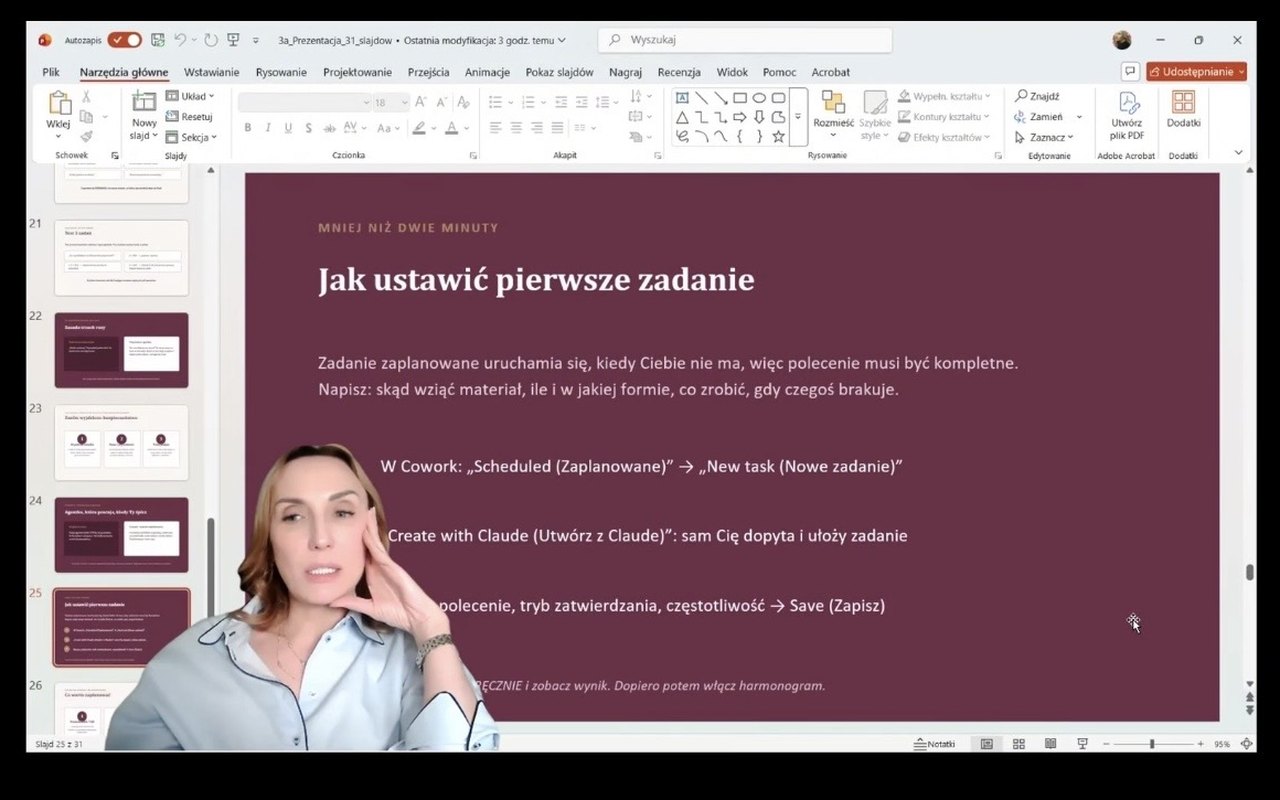 Slajd ze szkolenia: jak ustawić pierwsze zaplanowane zadanie
